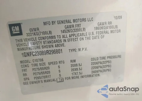 2009 Chevrolet Tahoe Lt2 из США, поврежденный, VIN 1GNFC23089R296801